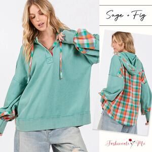 SAGE + FIG Mineral Washed Contrast Plaid Pattern Hoodie Sweatshirt | Eucalyptus